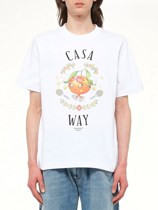 Image of a model wearing Tops. Productname: CASABLANCA Casa Way Kawaii Printed T-Shirt in White colour by brand - CASABLANCA