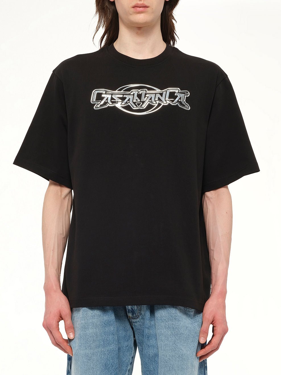 Image of a model wearing Tops. Productname: CASABLANCA Casablanca 3D T-Shirt in Black colour by brand - CASABLANCA