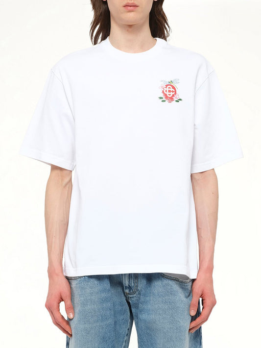 Image of a model wearing Tops. Productname: CASABLANCA Dragonfly Floral Print T-Shirt in White colour by brand - CASABLANCA