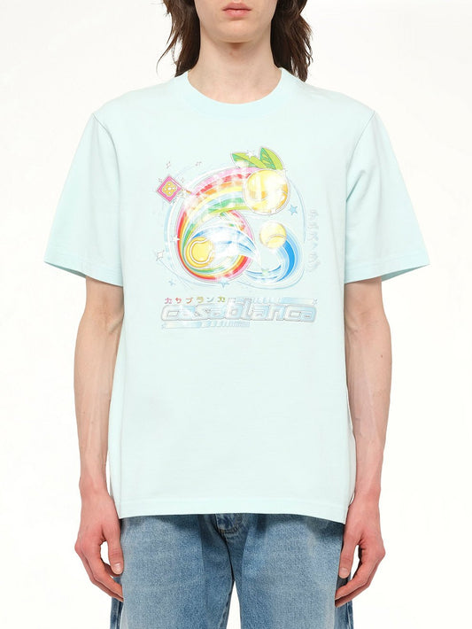 Image of a model wearing Tops. Productname: CASABLANCA Manga Tennis Ball T-Shirt in Blue colour by brand - CASABLANCA