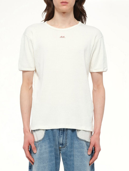 Image of a model wearing Tops. Productname: MAISON MARGIELA Rib T-Shirt in Off White colour by brand - MAISON MARGIELA