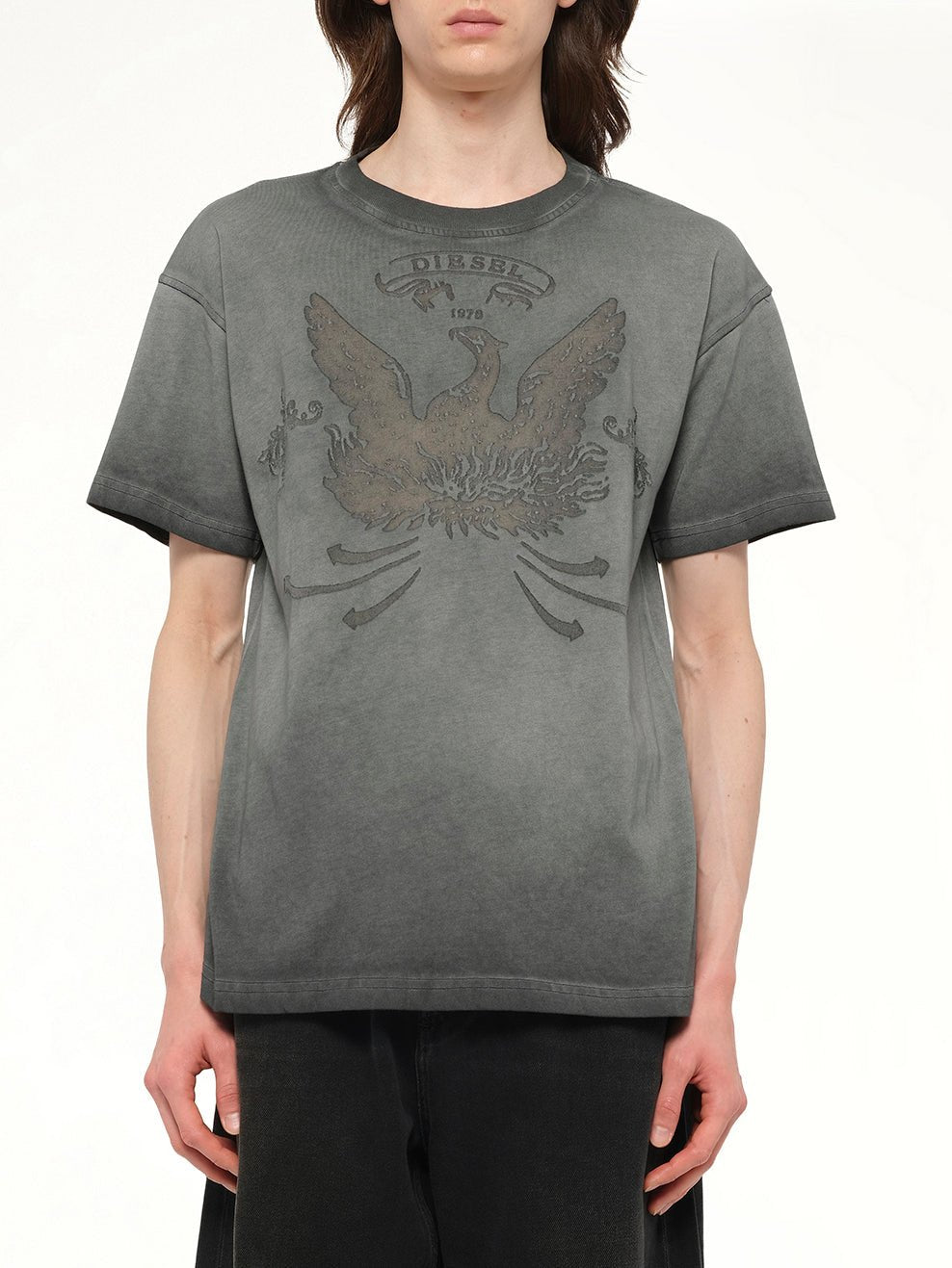 Image of a model wearing Tops. Productname: DIESEL T-NORM-T9 T-Shirt in Washed Grey colour by brand - DIESEL