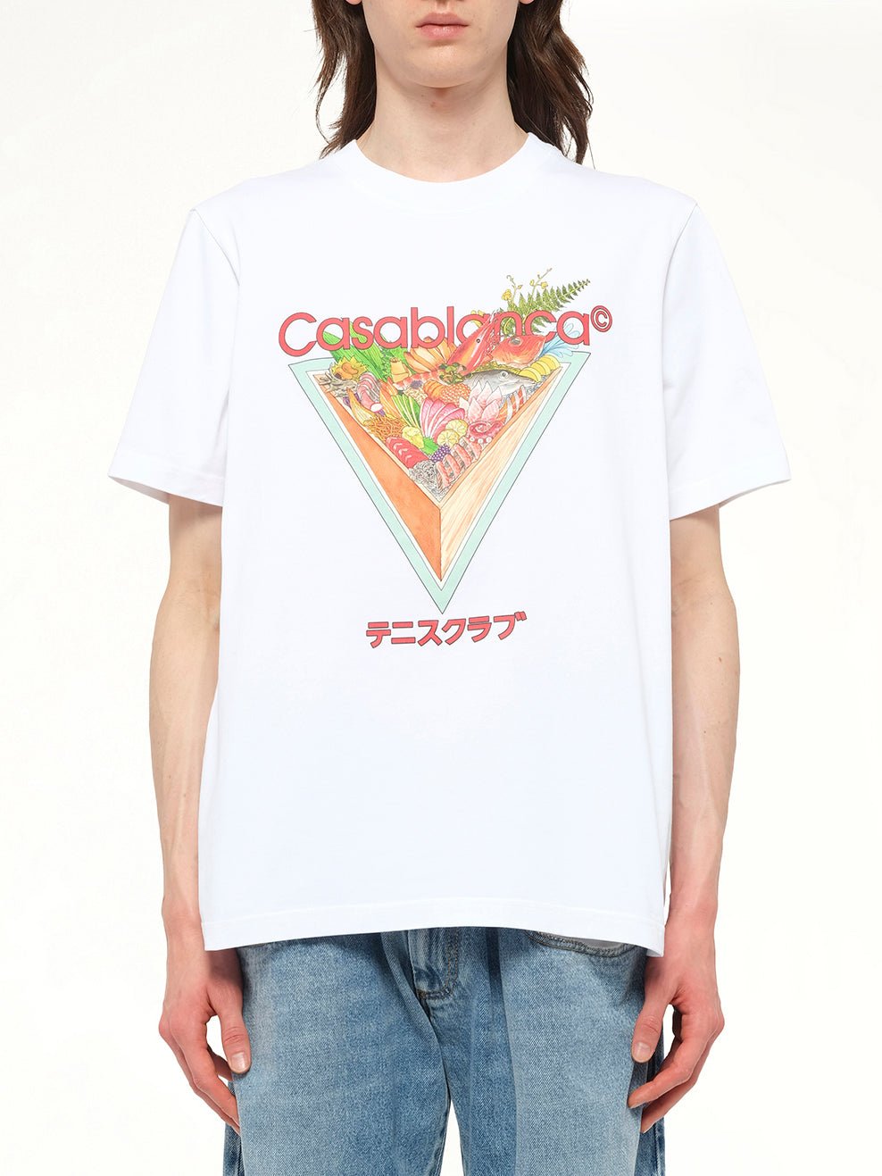 Image of a model wearing Tops. Productname: CASABLANCA Tennis Club Icon Printed T-Shirt in White colour by brand - CASABLANCA