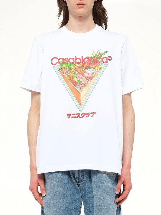 Image of a model wearing Tops. Productname: CASABLANCA Tennis Club Icon Printed T-Shirt in White colour by brand - CASABLANCA