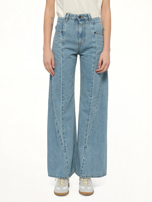 Image of Jeans. Product name - Cut Out Waistband Relaxed Fit Denim Jeans in Blue colour by brand - MAISON MARGIELA