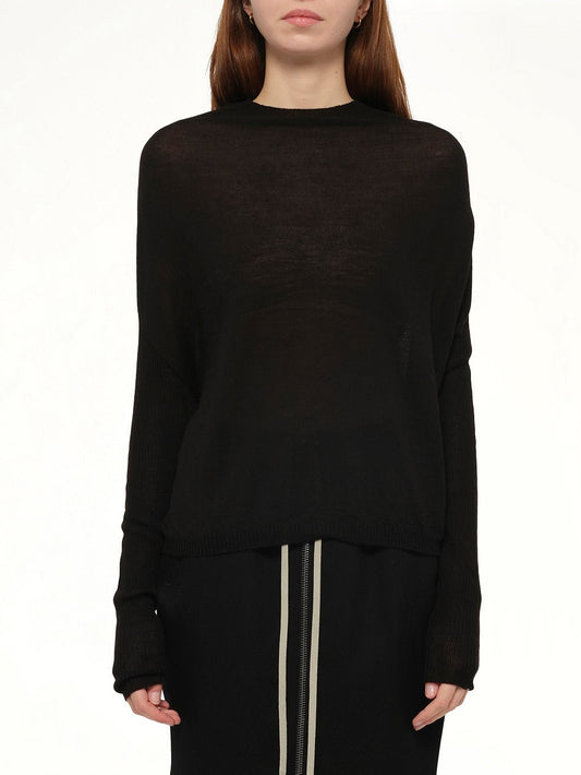 Image of a model wearing Outerwear. Productname: RICK OWENS Crater Knit Sweater in Black colour by brand - RICK OWENS