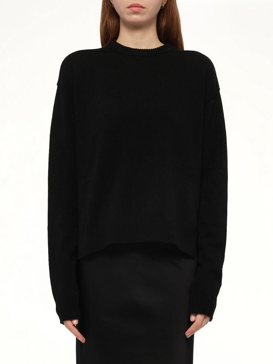 Image of a model wearing Outerwear. Productname: RICK OWENS Round Neck Sweater in Black colour by brand - RICK OWENS