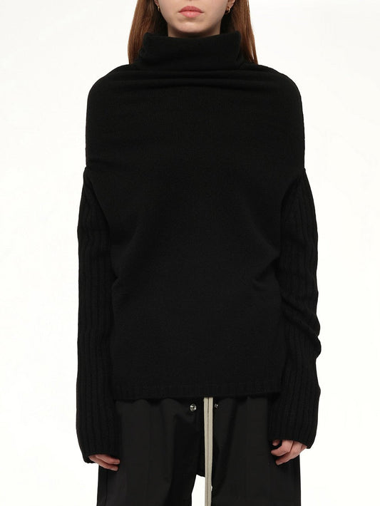 Image of a model wearing Outerwear. Productname: RICK OWENS Shroud Sweater in Black colour by brand - RICK OWENS