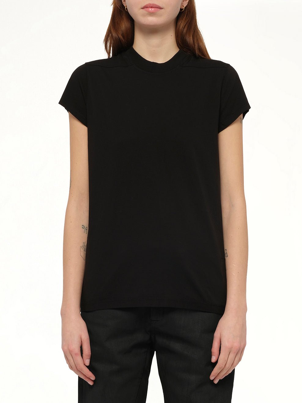 Image of a model wearing Tops. Productname: RICK OWENS DRKSHDW Small Level T-Shirt in Black colour by brand - RICK OWENS DRKSHDW