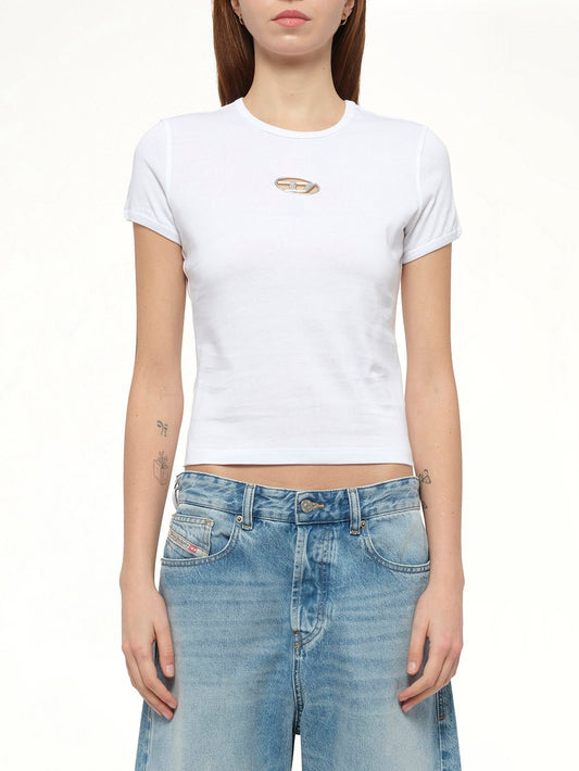 Image of a model wearing Tops. Productname: DIESEL T-Uncutie T-Shirt In White in White colour by brand - DIESEL