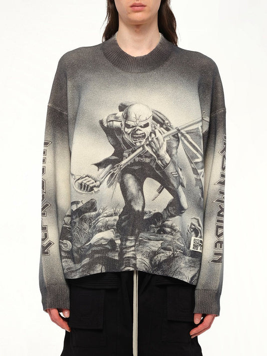 Image of a model wearing Outerwear. Productname: REPRESENT Iron Maiden Trooper Knit Sweater in SUNFADE GREY colour by brand - REPRESENT
