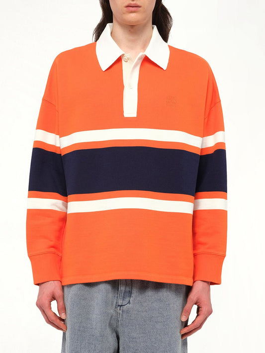 Image of a model wearing Tops. Productname: LOEWE Long Sleeve Polo in Orange/Navy Blue colour by brand - LOEWE