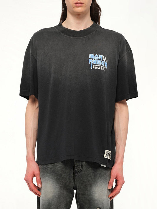 Image of a model wearing Tops. Productname: REPRESENT Iron Maiden Anniversary T-Shirt in STAINED BLACK colour by brand - REPRESENT