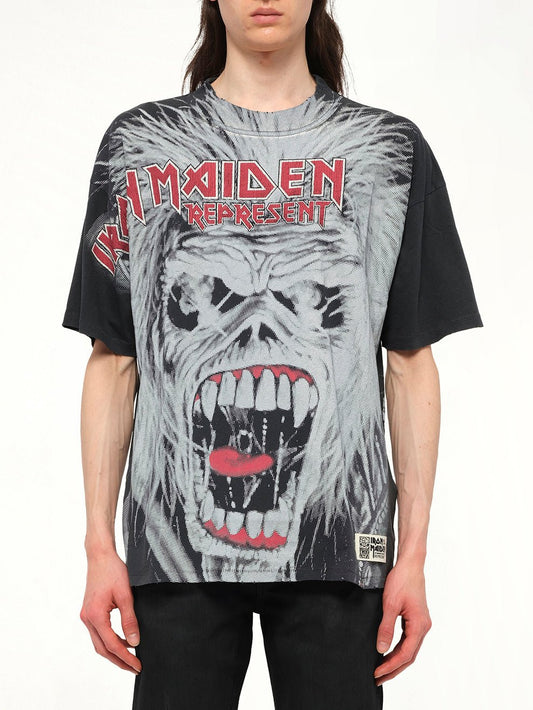 Image of a model wearing Tops. Productname: REPRESENT Iron Maiden British Metal T-Shirt in BLACK colour by brand - REPRESENT
