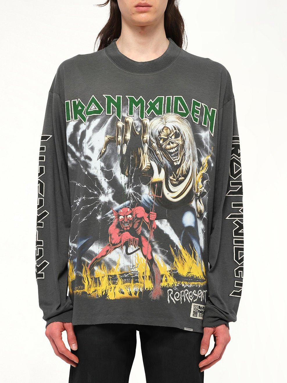 Image of a model wearing Tops. Product name - Iron Maiden Number of the Beast Long Sleeve T-Shirt in Sunfade Grey colour by brand - REPRESENT