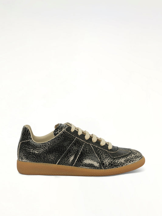 Image of Sneakers. Product name - Replica Crackling Leather Sneaker in Black colour by brand - MAISON MARGIELA