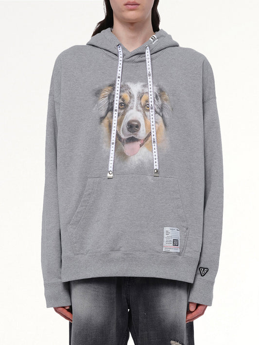 Image of a model wearing Outerwear. Productname: MAISON MIHARA YASUHIRO Dog Printed Hoodie in GRAY colour by brand - MAISON MIHARA YASUHIRO