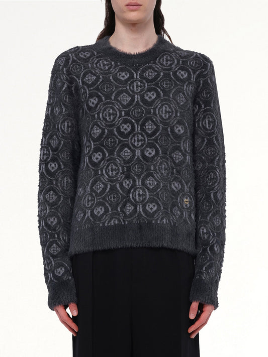 Image of a model wearing Outerwear. Productname: CASABLANCA Fluffy Monogram Knit Sweater in GREY colour by brand - CASABLANCA