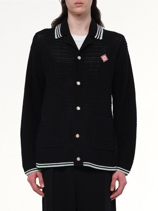 Image of a model wearing Tops. Productname: CASABLANCA Embroidered Crochet Shirt in BLACK colour by brand - CASABLANCA