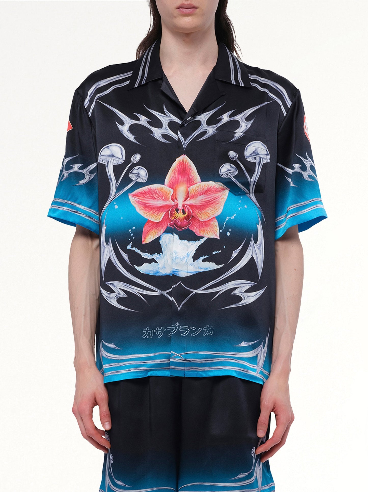 Image of a model wearing Tops. Productname: CASABLANCA Silk Satin Blades Shirt in MULTICOLOUR colour by brand - CASABLANCA