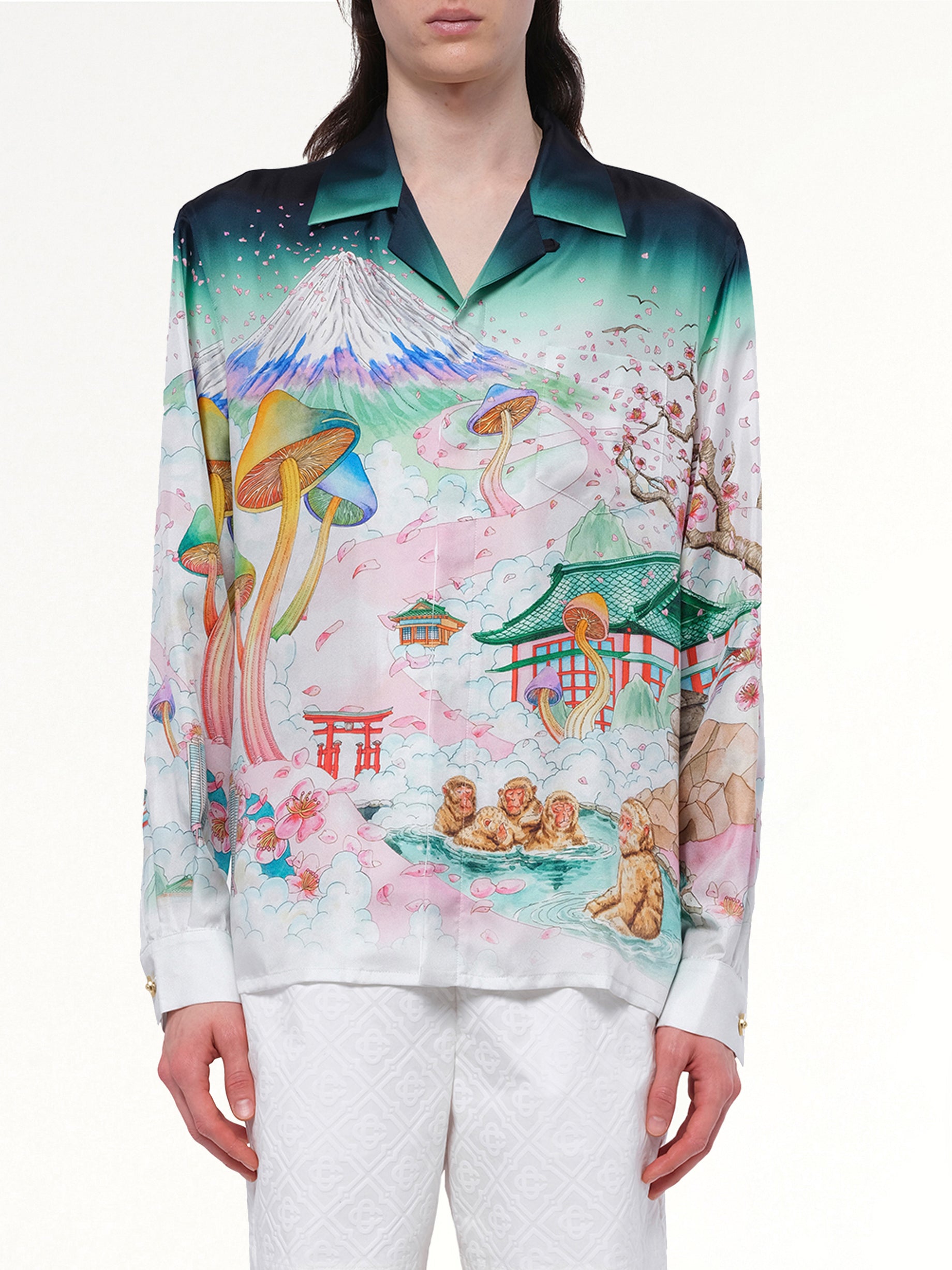 Image of a model wearing Tops. Productname: CASABLANCA Silk Satin Flowers Shirt in MULTICOLOUR colour by brand - CASABLANCA