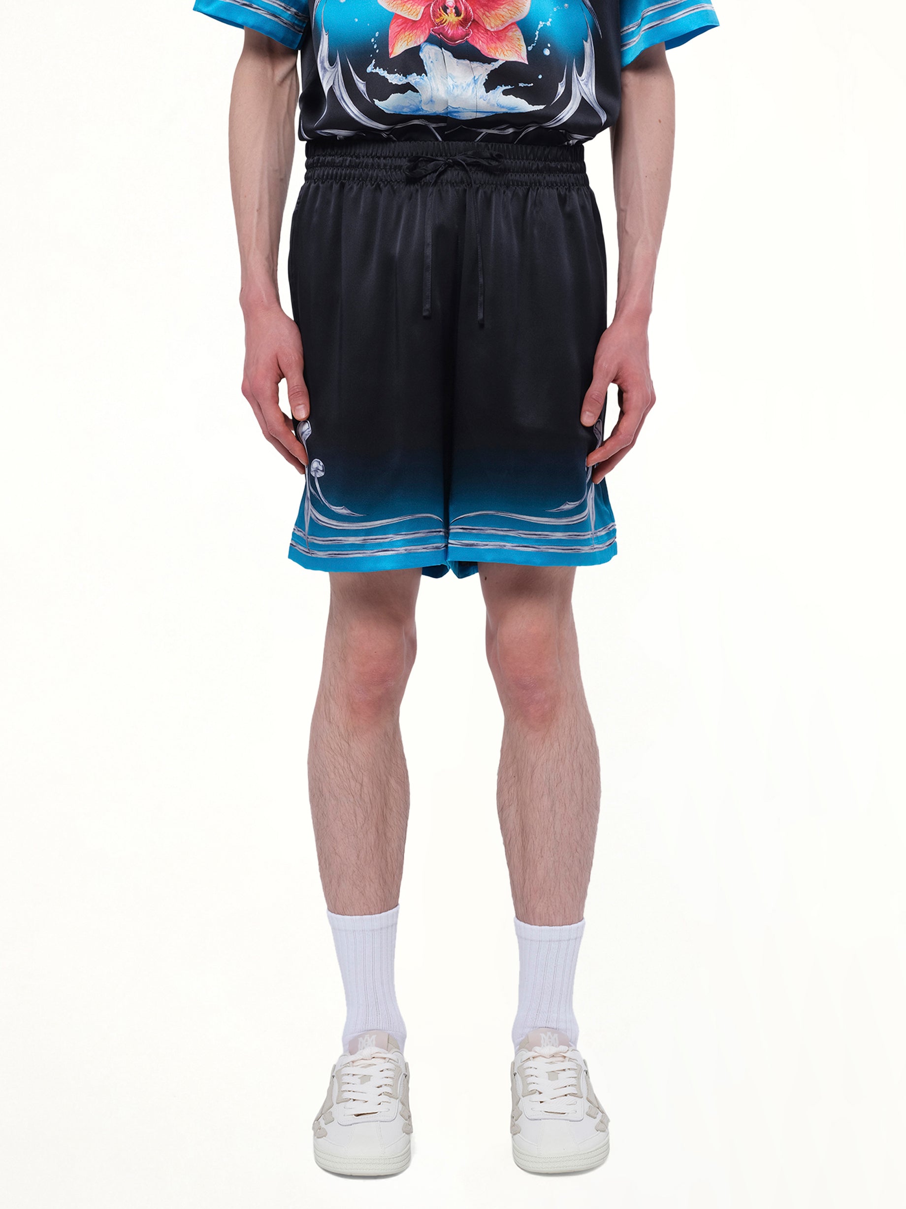 Image of a model wearing Shorts. Productname: CASABLANCA Silk Satin Blades Shorts in MULTICOLOUR colour by brand - CASABLANCA