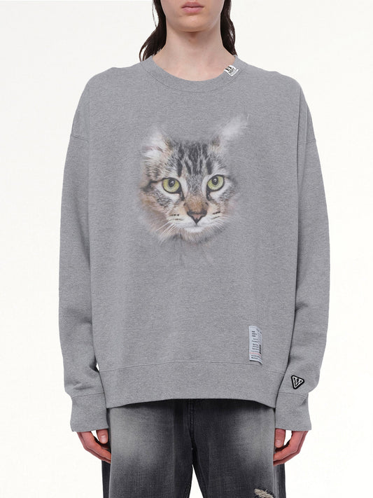 Image of a model wearing Outerwear. Productname: MAISON MIHARA YASUHIRO Cat Printed Pullover in GRAY colour by brand - MAISON MIHARA YASUHIRO