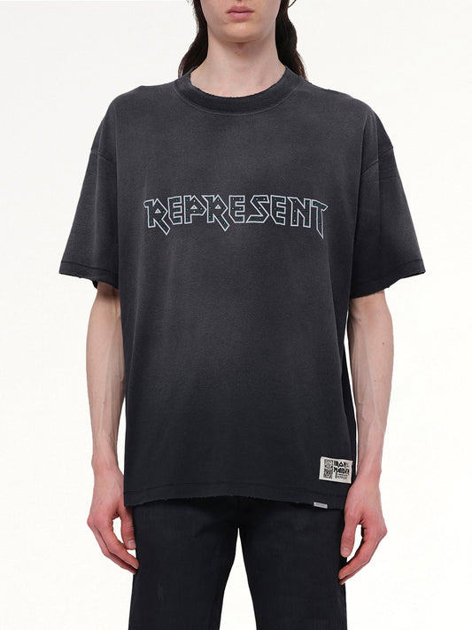 Image of a model wearing Tops. Productname: REPRESENT Iron Maiden Infinite Dreams T-Shirt in AGED BLACK colour by brand - REPRESENT