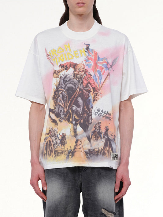 Image of a model wearing Tops. Productname: REPRESENT Iron Maiden Steed T-Shirt in FLAT WHITE colour by brand - REPRESENT