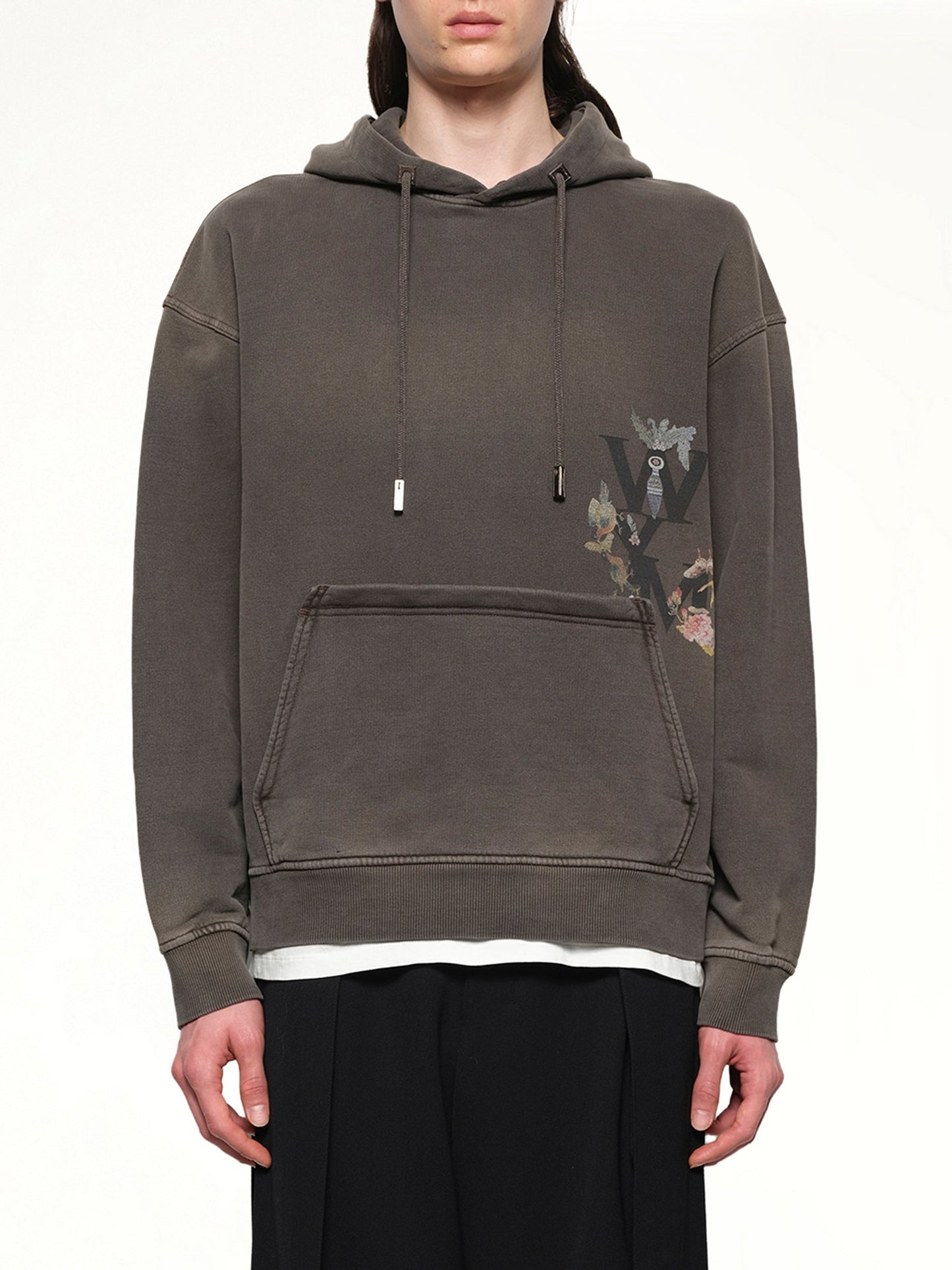 Image of a model wearing Outerwear. Productname: WOOYOUNGMI Print Hoodie in MUD colour by brand - WOOYOUNGMI