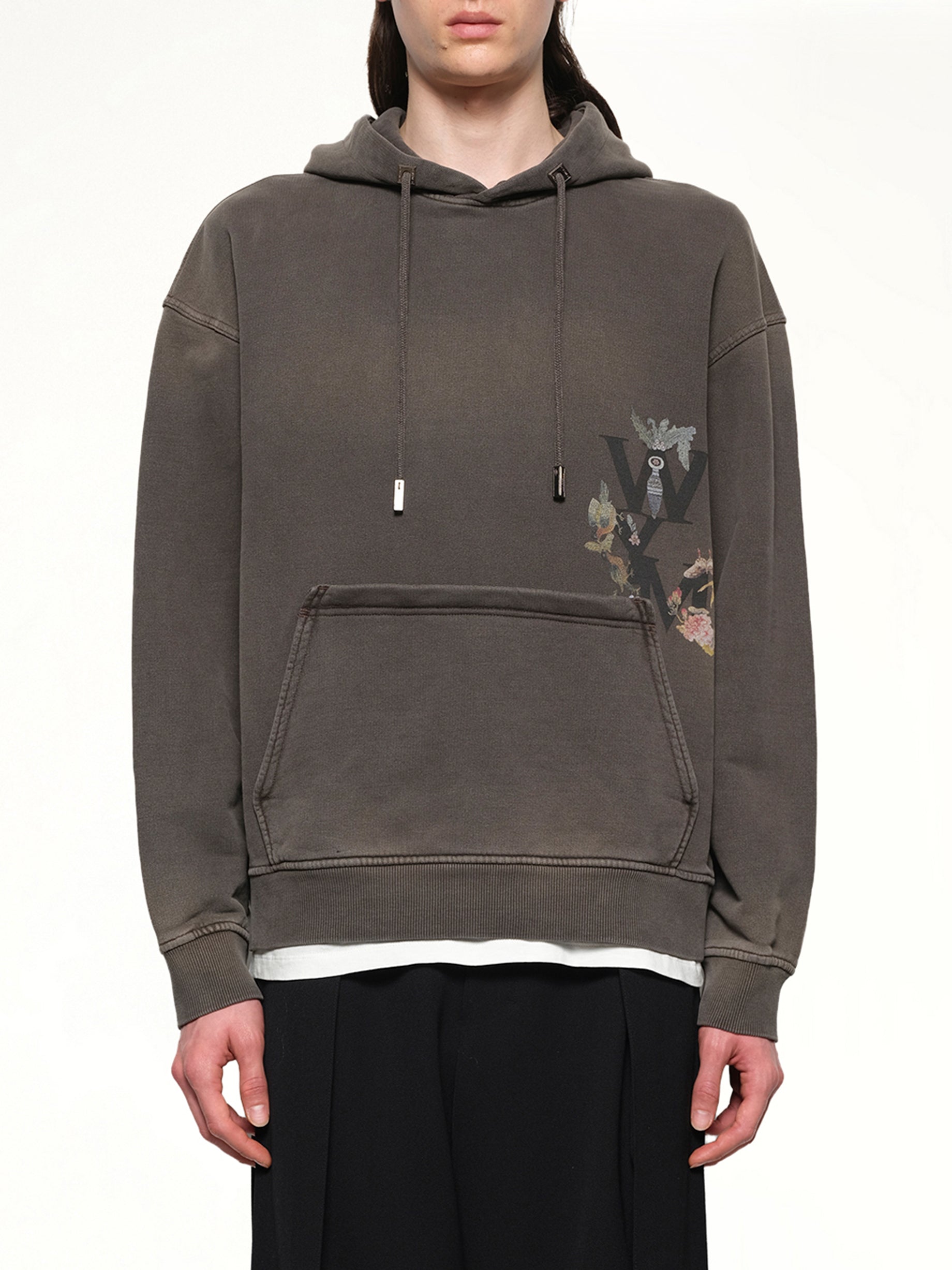 Image of a model wearing Outerwear. Productname: WOOYOUNGMI Print Hoodie in MUD colour by brand - WOOYOUNGMI
