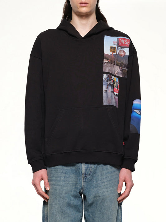 Image of a model wearing Outerwear. Productname: DIESEL S-BOXT-HOOD-T6 Hoodie in Black colour by brand - DIESEL