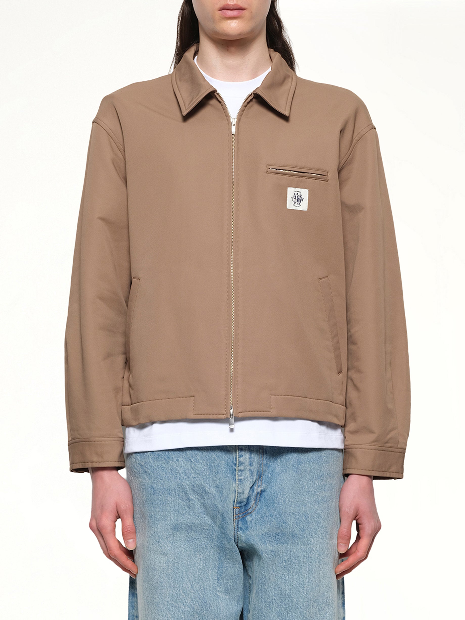 Image of a model wearing Outerwear. Productname: VOWELS Zip Up Jacket in Khaki colour by brand - VOWELS