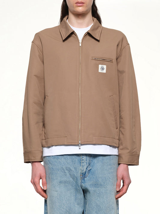 Image of a model wearing Outerwear. Productname: VOWELS Zip Up Jacket in Khaki colour by brand - VOWELS