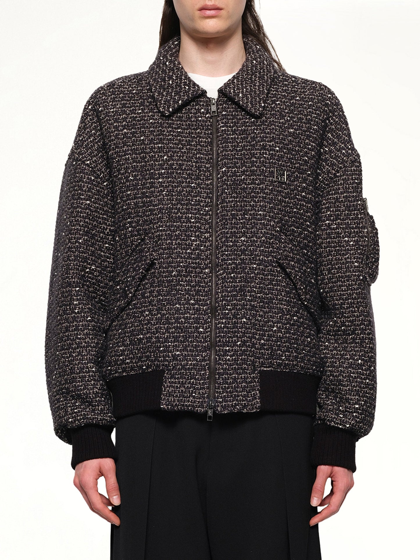 Image of Coats & Jackets. Productname: WOOYOUNGMI Tweed Bomber Jacket in BLACK colour by brand - WOOYOUNGMI