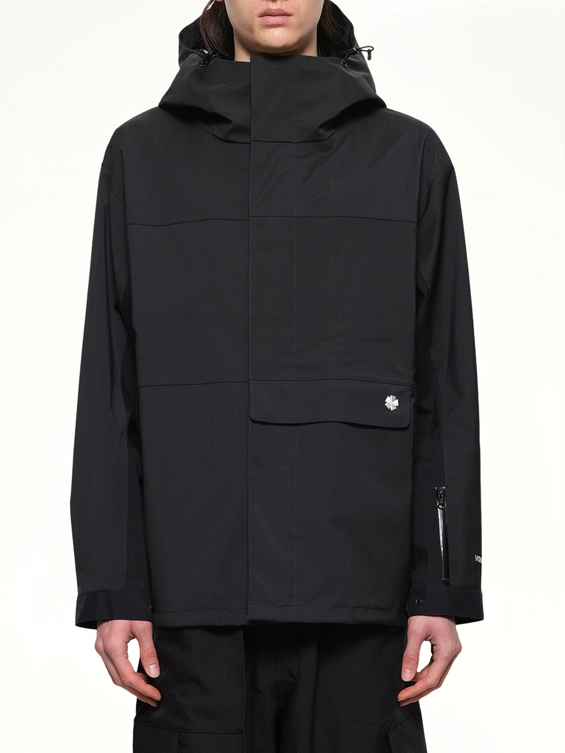Image of a model wearing Outerwear. Productname: VOWELS Shell Jacket in Black colour by brand - VOWELS