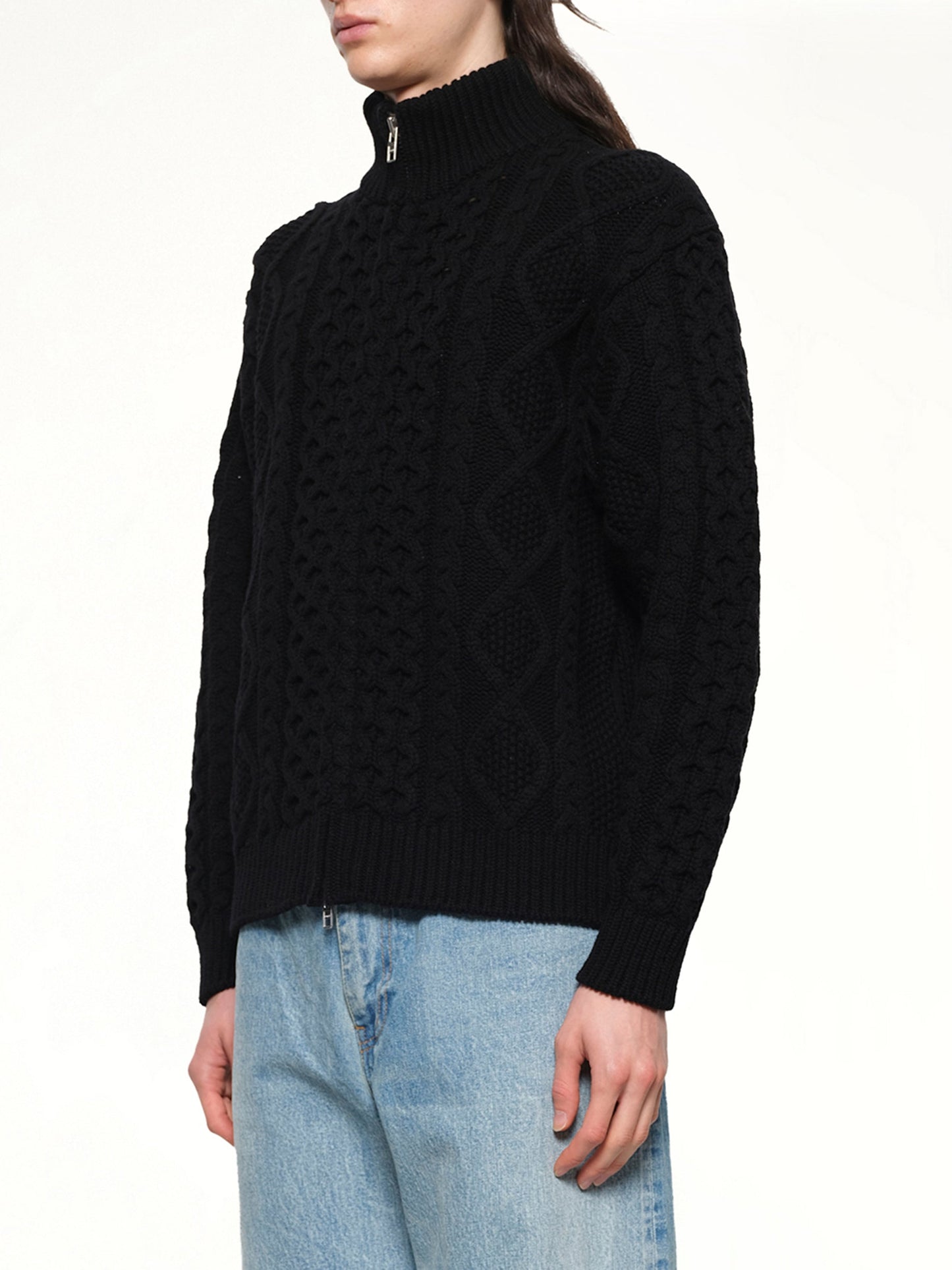 VOWELS Cable Knit Zip Up (Black)