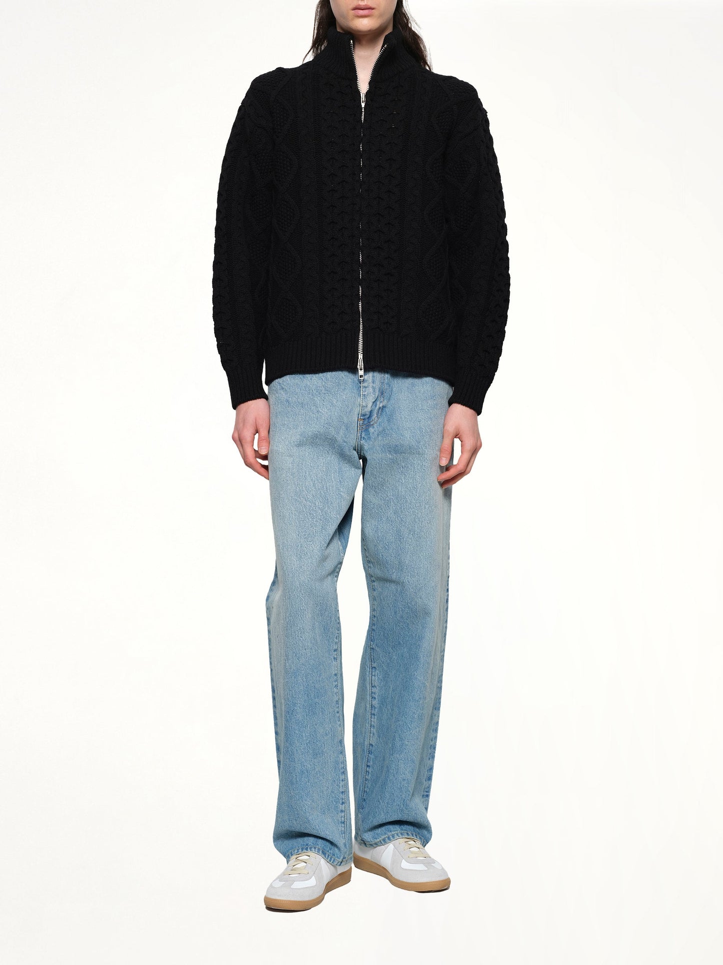 VOWELS Cable Knit Zip Up (Black)