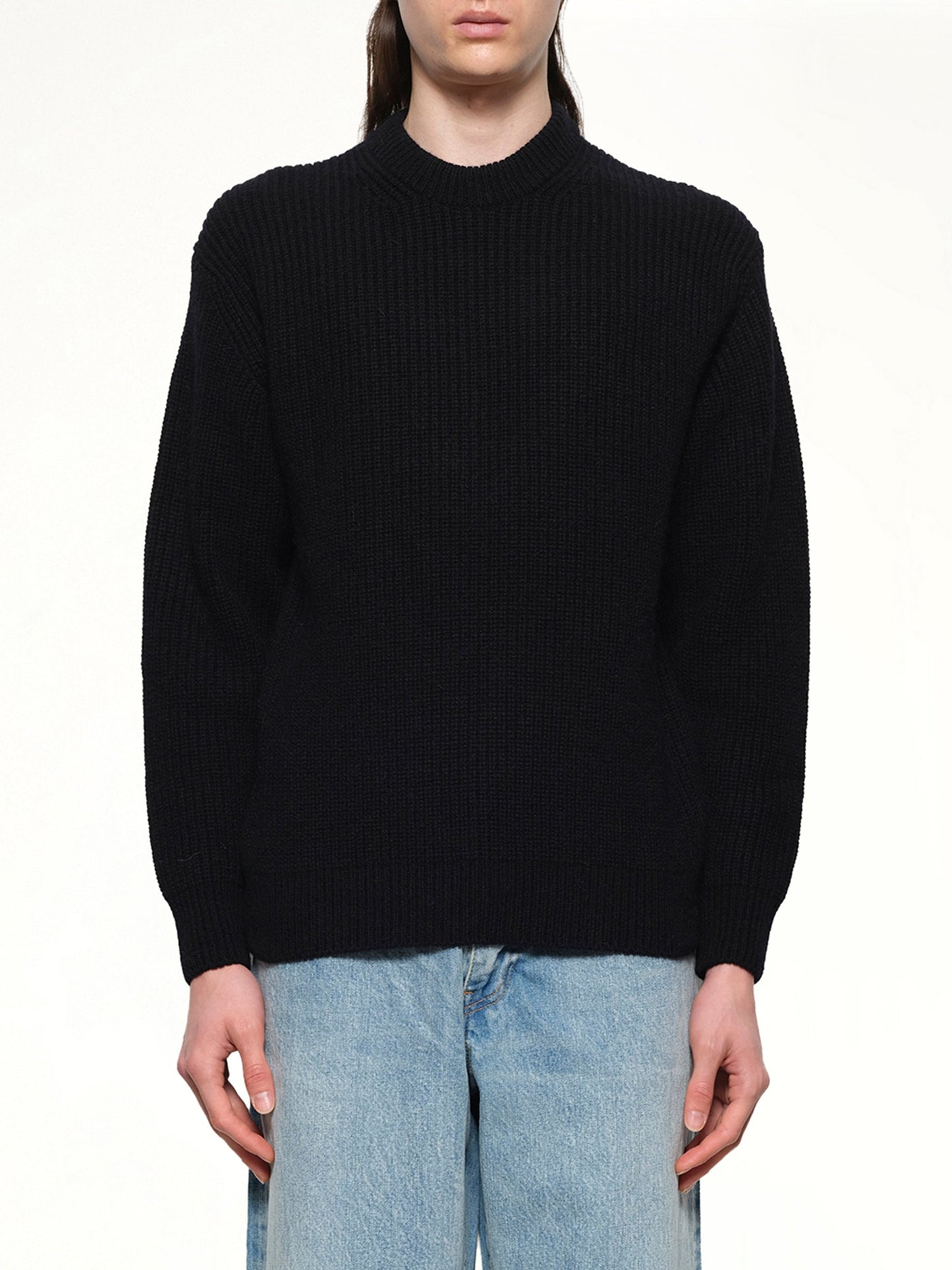 Image of a model wearing Tops. Productname: VOWELS Baby Alpaca Knit in Black colour by brand - VOWELS
