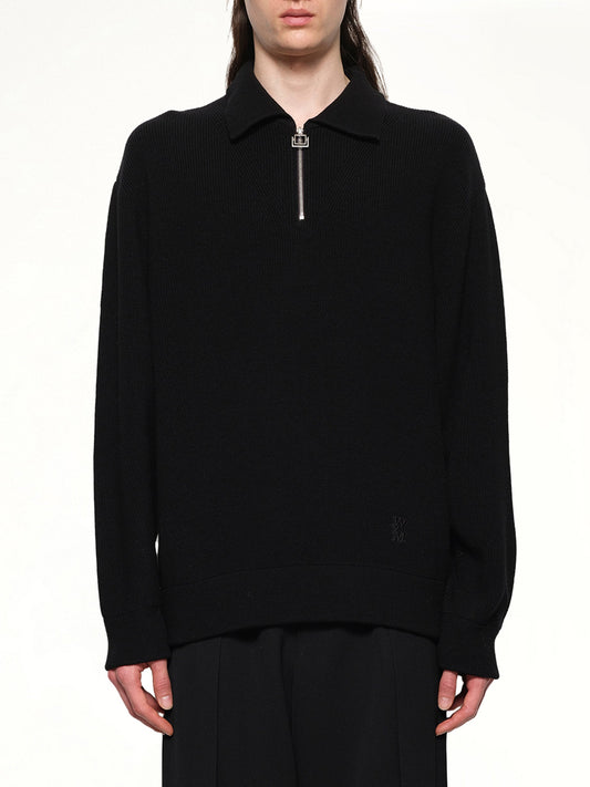 Image of a model wearing Outerwear. Productname: WOOYOUNGMI Zipped Knit Sweater in BLACK colour by brand - WOOYOUNGMI