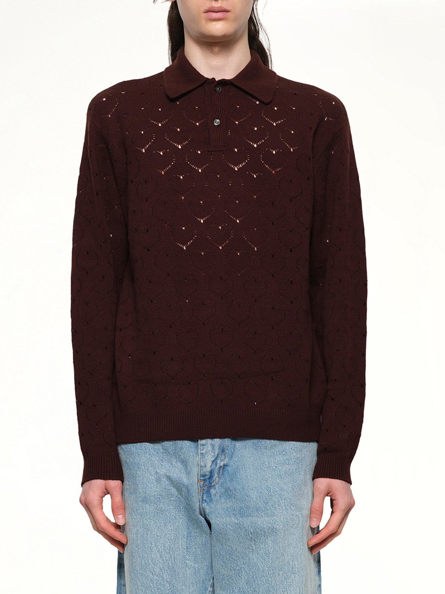 Image of a model wearing Tops. Productname: VOWELS Eyelet Polo in Dark Tobacco colour by brand - VOWELS