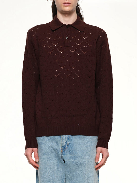 Image of a model wearing Tops. Productname: VOWELS Eyelet Polo in Dark Tobacco colour by brand - VOWELS