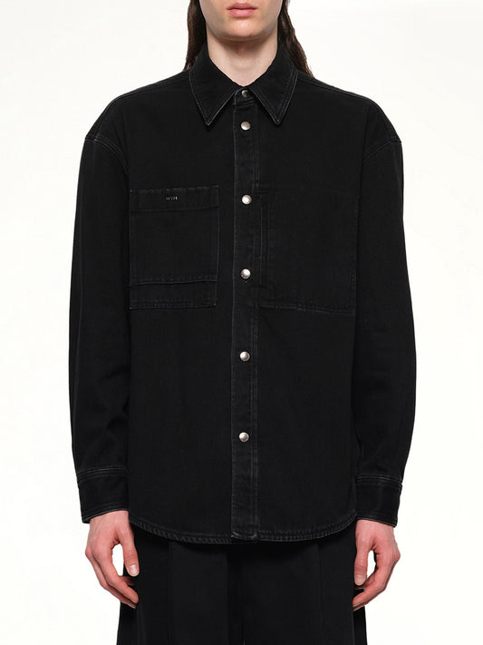 Image of a model wearing Denim. Productname: WOOYOUNGMI City Graphic Denim Shirt in BLACK colour by brand - WOOYOUNGMI