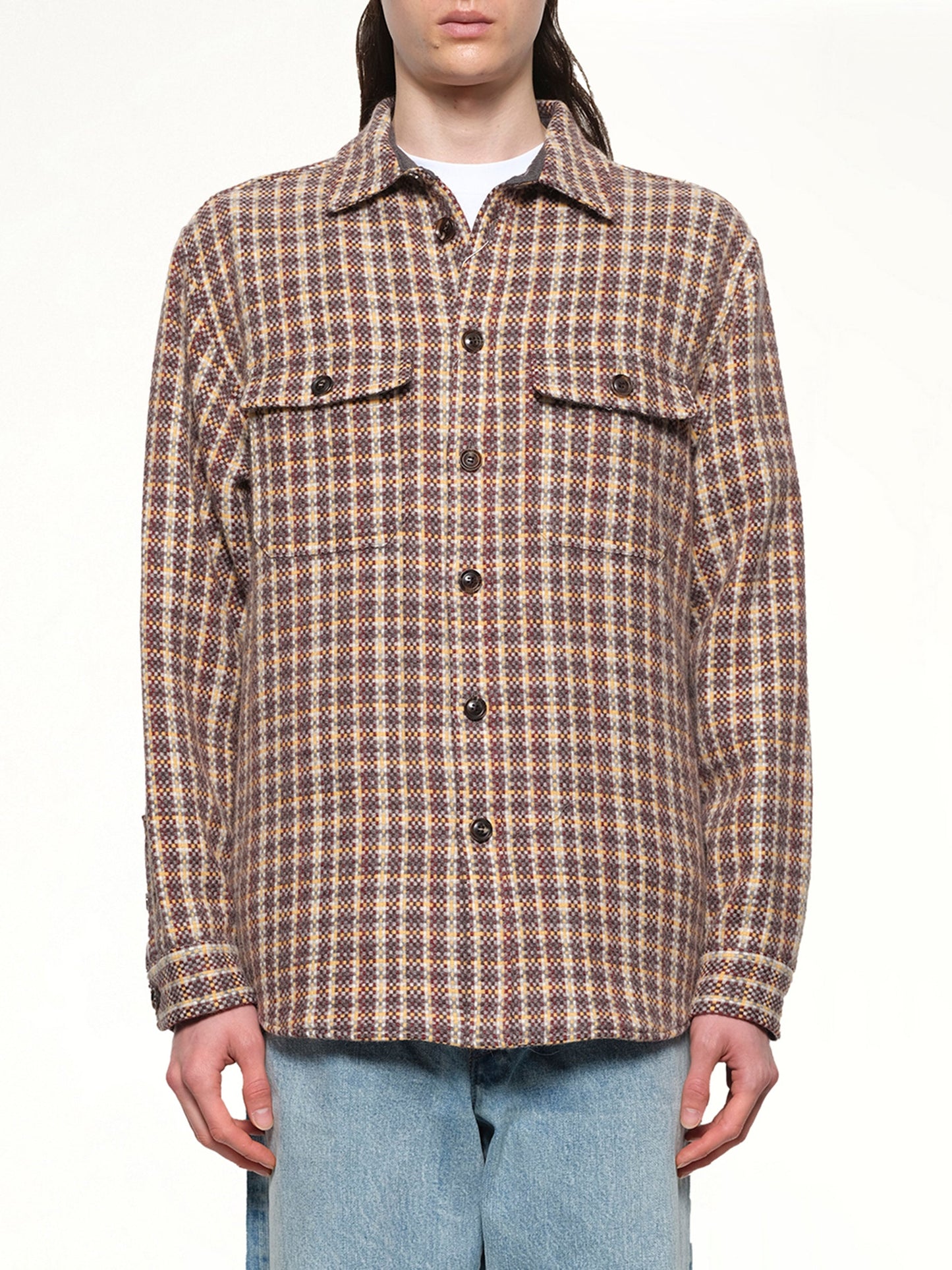 Image of a model wearing Outerwear. Productname: VOWELS Double Pocket Shirt Jacket in Minicheck colour by brand - VOWELS