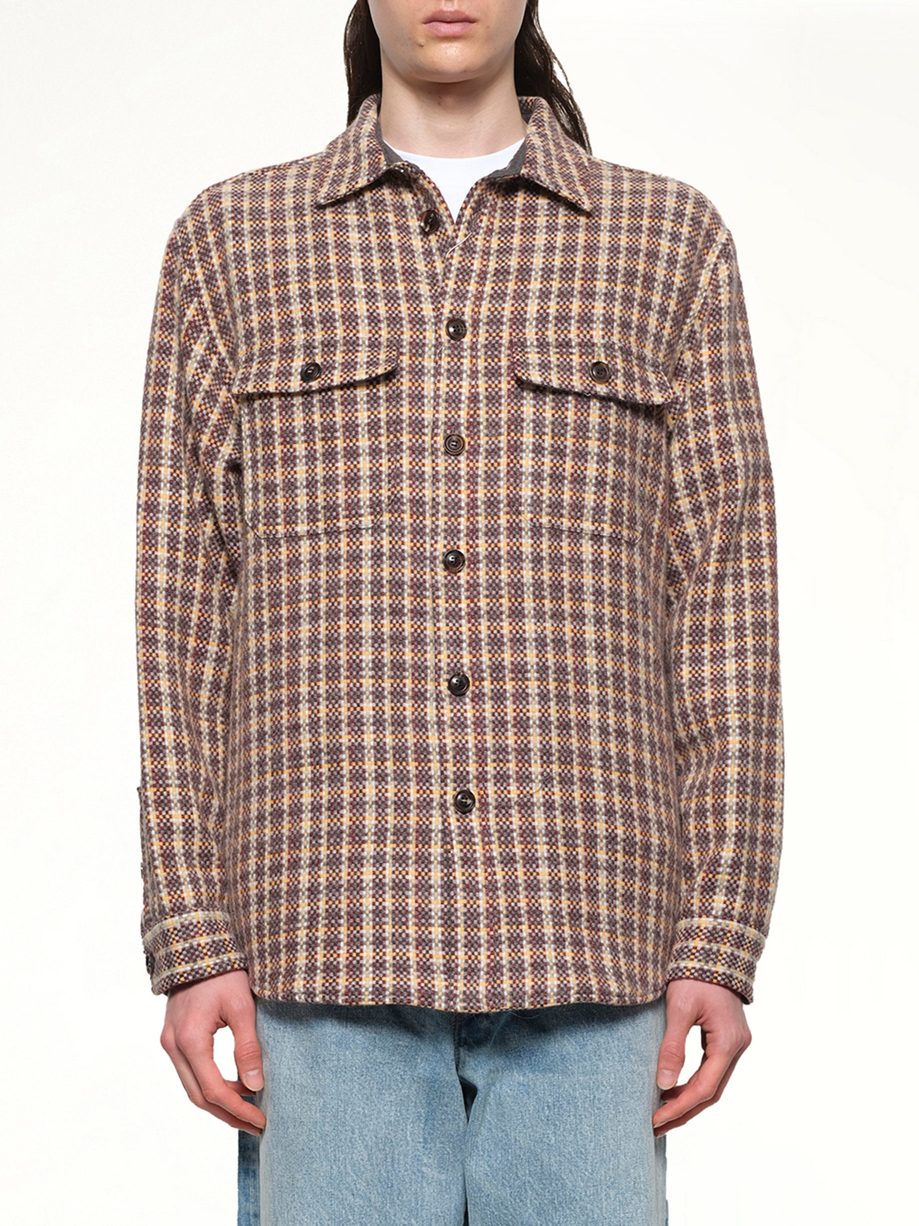 Image of a model wearing Outerwear. Productname: VOWELS Double Pocket Shirt Jacket in Minicheck colour by brand - VOWELS