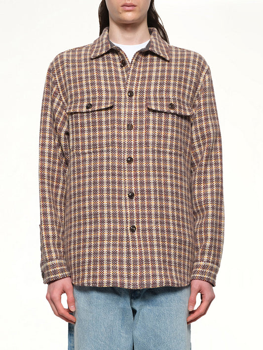 Image of a model wearing Outerwear. Productname: VOWELS Double Pocket Shirt Jacket in Minicheck colour by brand - VOWELS