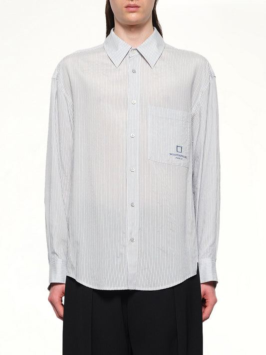 Image of a model wearing Tops. Productname: WOOYOUNGMI Stripe Button Up Shirt in BLUE colour by brand - WOOYOUNGMI