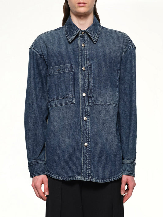 Image of a model wearing Denim. Productname: WOOYOUNGMI Logo Denim Shirt in BLUE colour by brand - WOOYOUNGMI