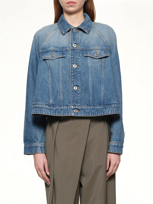 Image of a model wearing Outerwear. Productname: LOEWE Trapeze Jacket in Denim Blue colour by brand - LOEWE