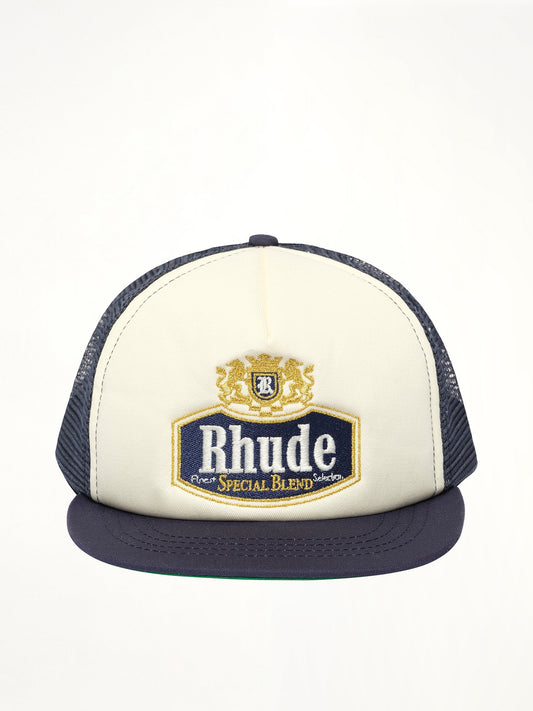 Image of Hats. Productname: RHUDE Special-Blend Trucker Hat in NAVY/OFF WHITE colour by brand - RHUDE